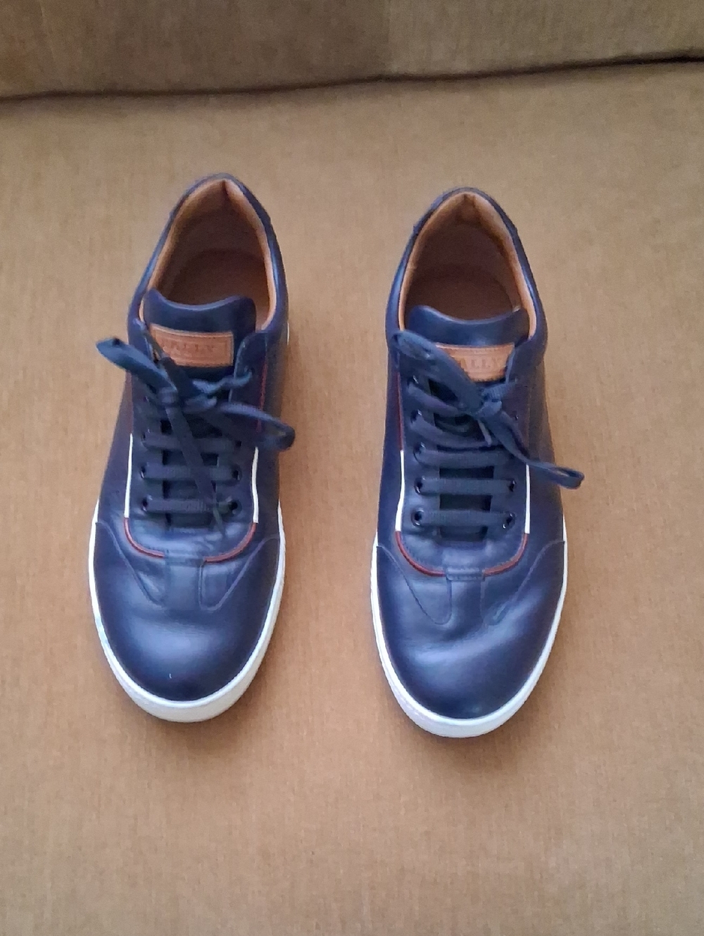 Bally Navy Blue Leather Sneakers with Tan Accents